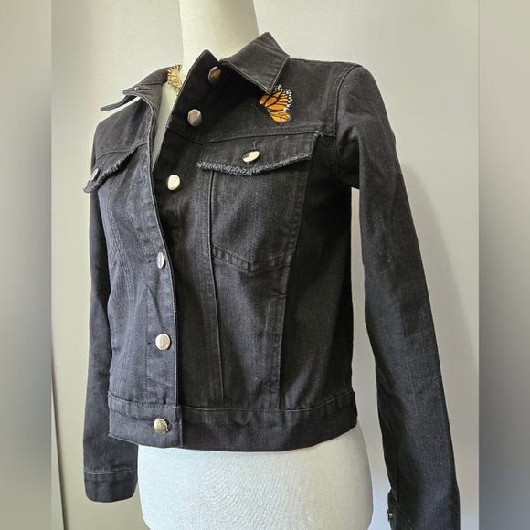 VALFRE Black Denim Jacket with Butterfly Back. Size Small - Picture 3 of 16